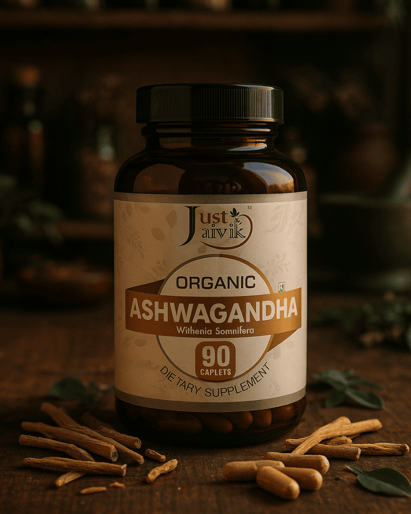 Organic Ashwagandha Tablets - 750mg, 90 caplets, dietary supplement, Withania somnifera.
