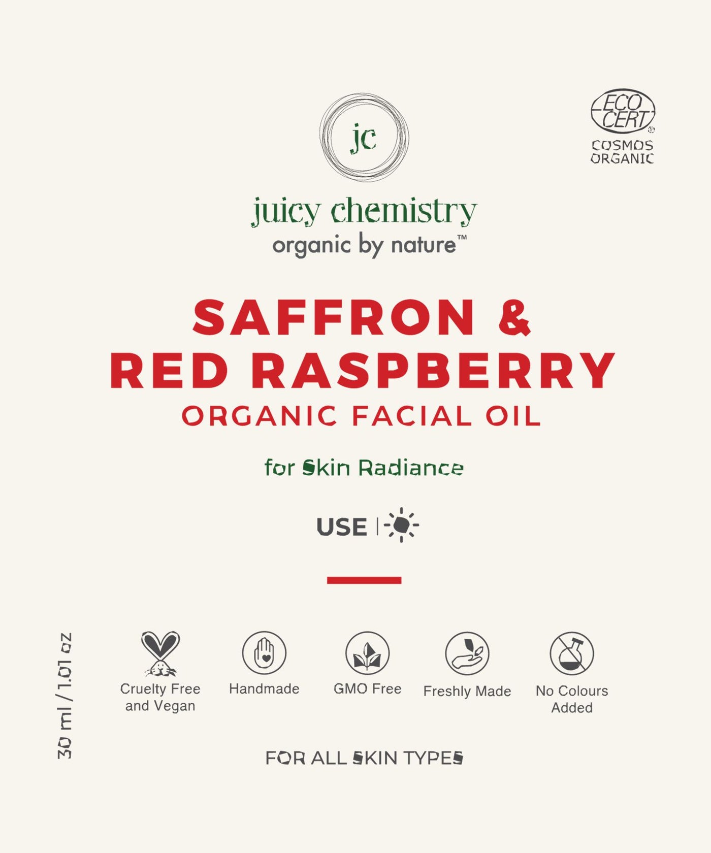 Saffron, Red Raspberry, Facial Oil, Juicy Chemistry, Ayurveda Store NZ