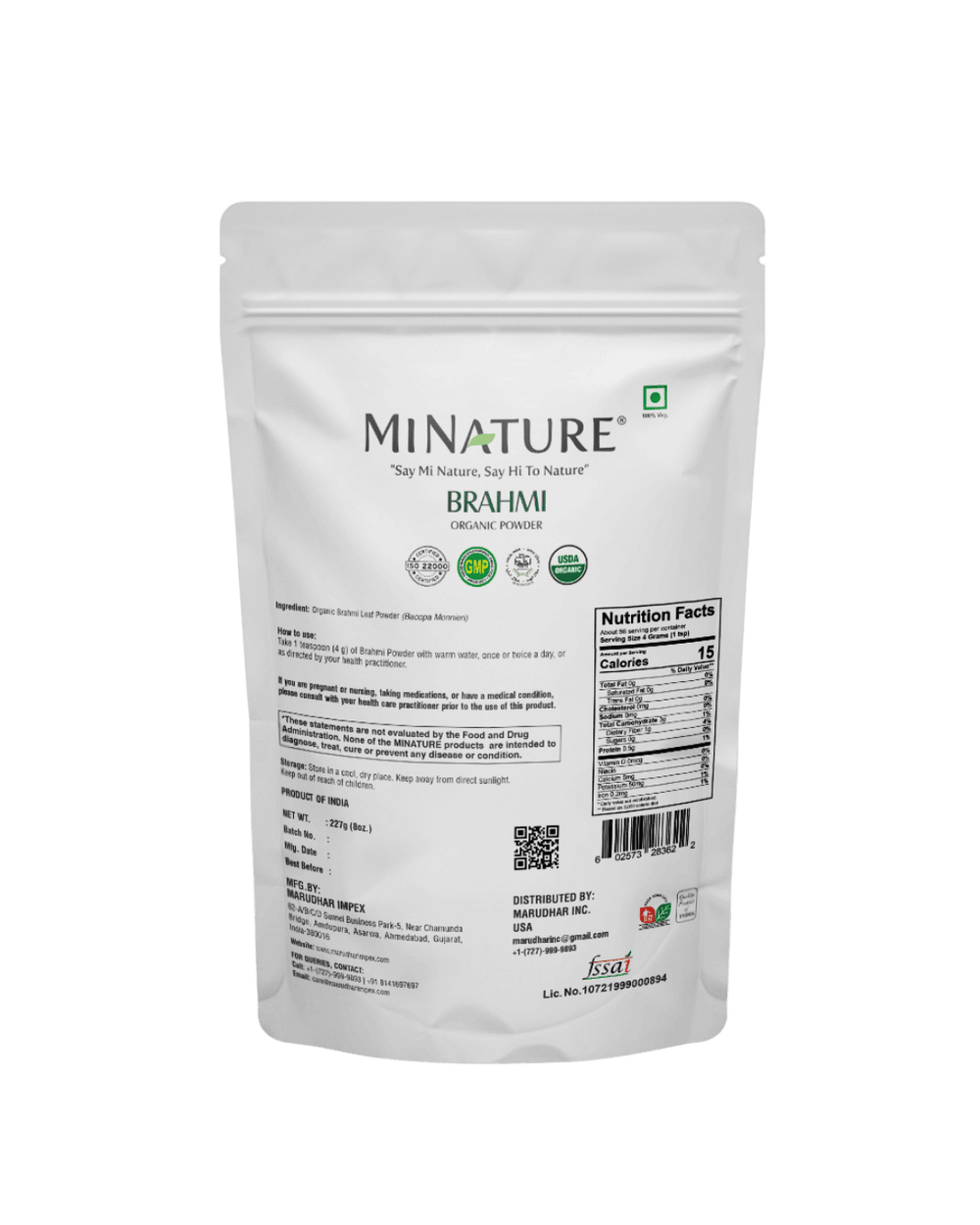 Organic Brahmi Powder 227 g - USDA Certified (Bacopa Monnieri)