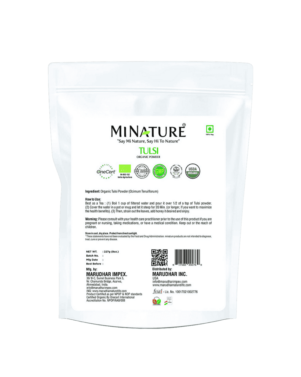 Organic Holy Basil Powder 227g - USDA Certified (Tulsi)