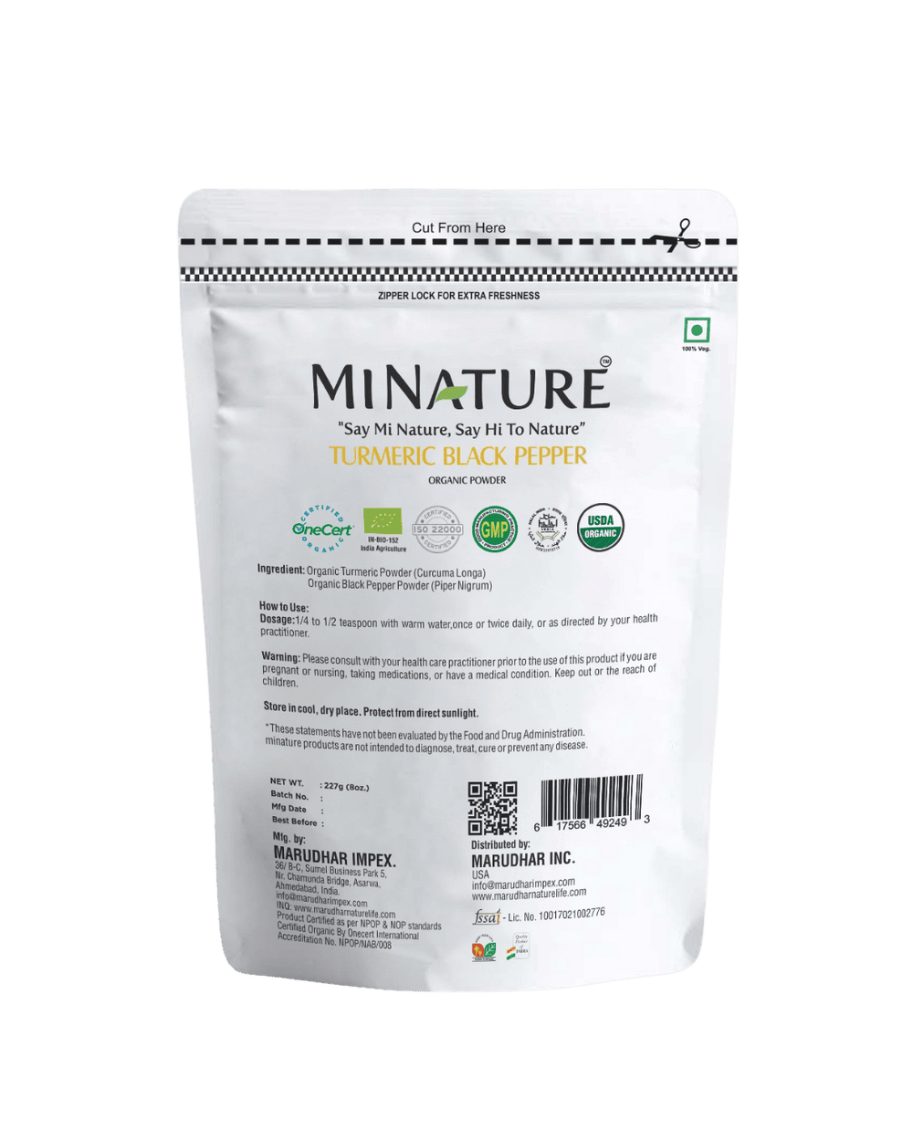 Organic Turmeric Black Pepper Powder 227g - USDA Certified