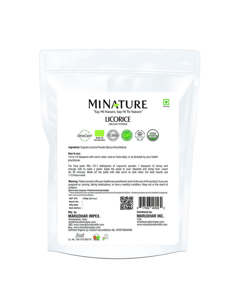 Organic Licorice Root Powder 227g (Mulethi) - USDA Certified
