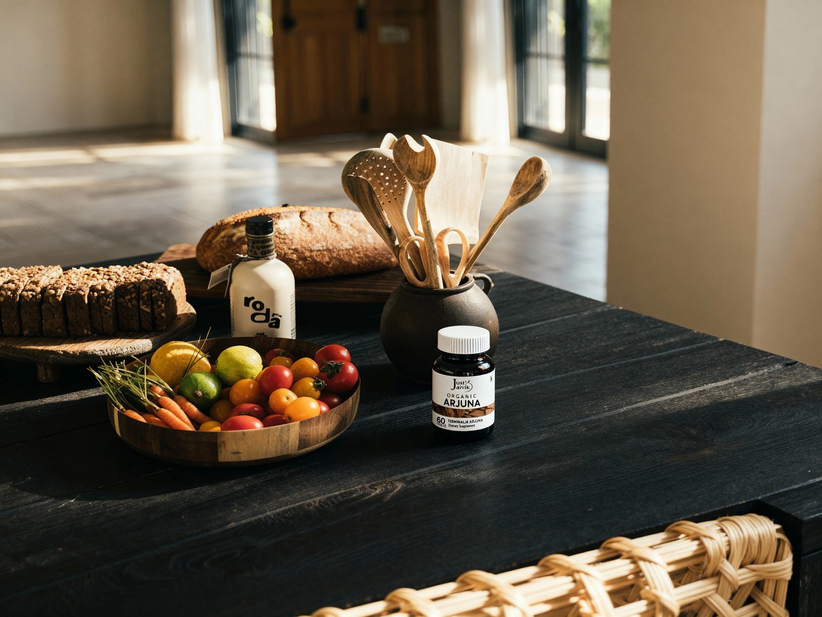 Arjuna tablets on table with vegetables