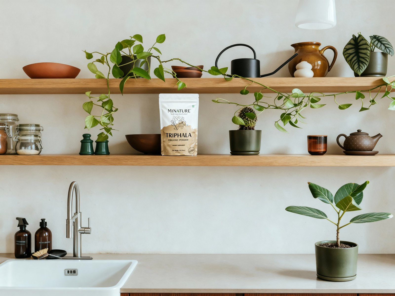 triphala powder on kitchen shelf