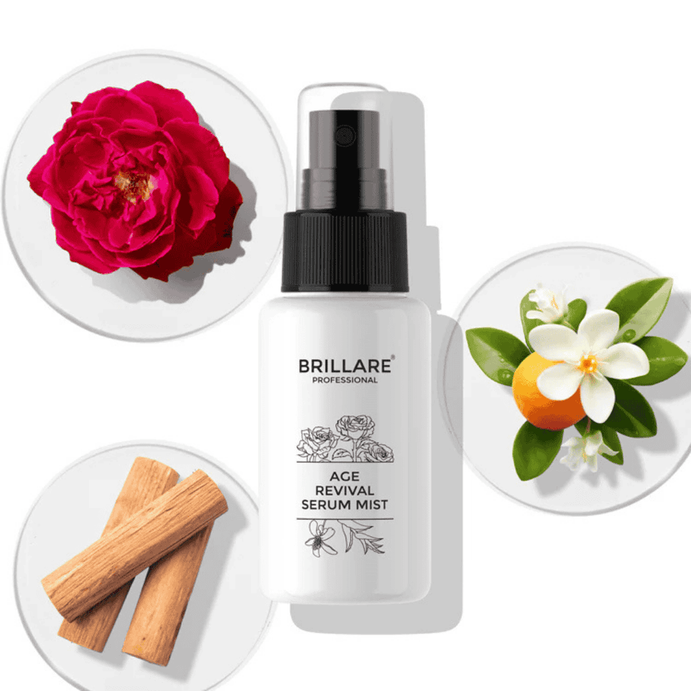 Brillare Age Revival Serum Mist For Ageing Skin with rose, neroli, and sandalwood extracts for hydration.