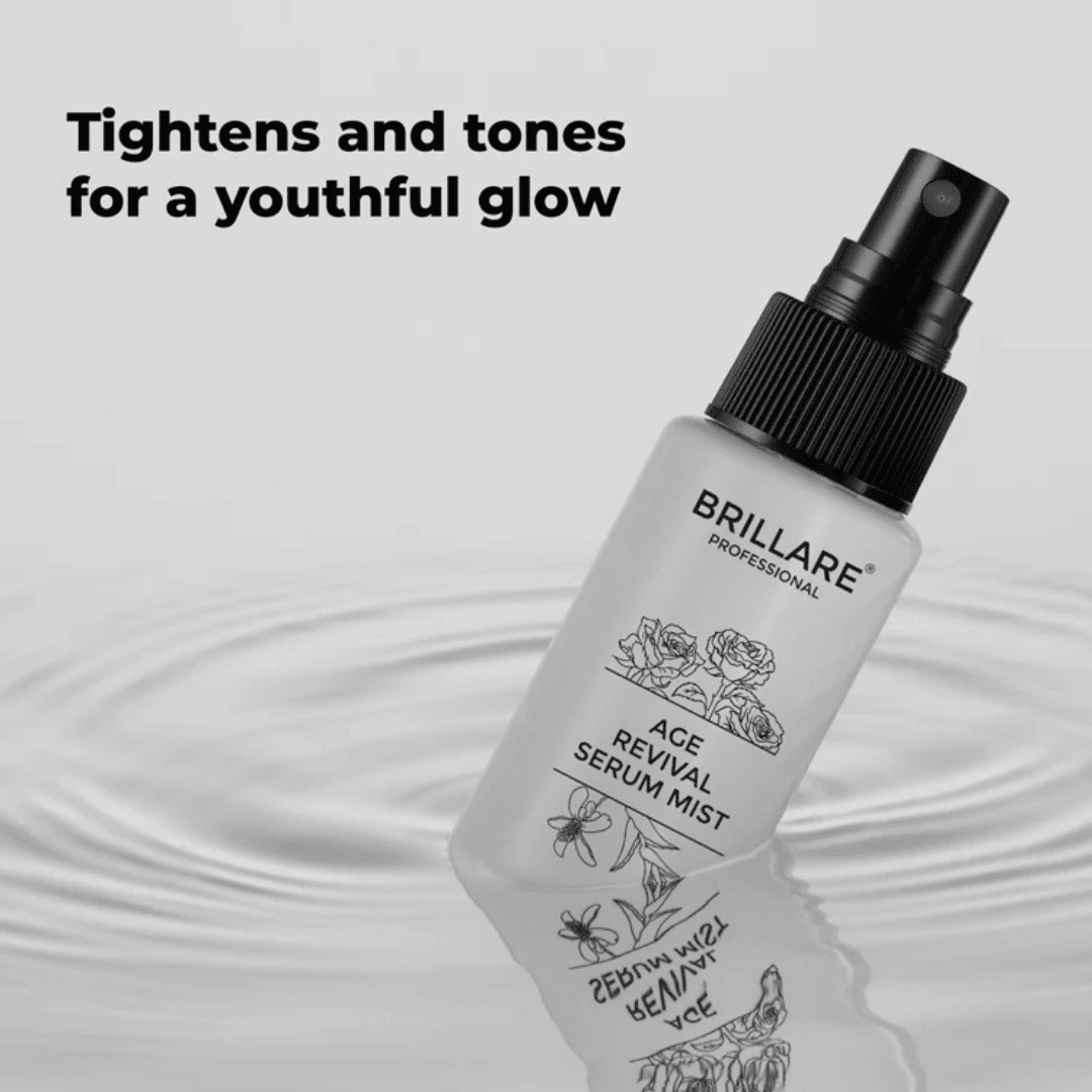Brillare Age Revival Serum Mist For Ageing Skin in a mist bottle, designed to tighten and tone for a youthful glow.