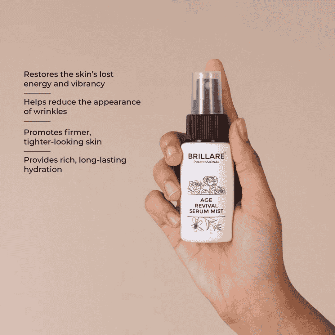 Brillare Age Revival Serum Mist For Ageing Skin in hand, promoting hydration and reducing wrinkles.