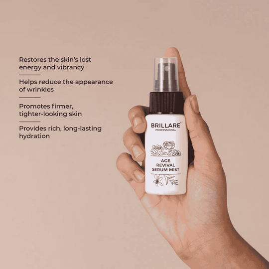 Brillare Age Revival Serum Mist For Ageing Skin in hand, promoting hydration and reducing wrinkles.
