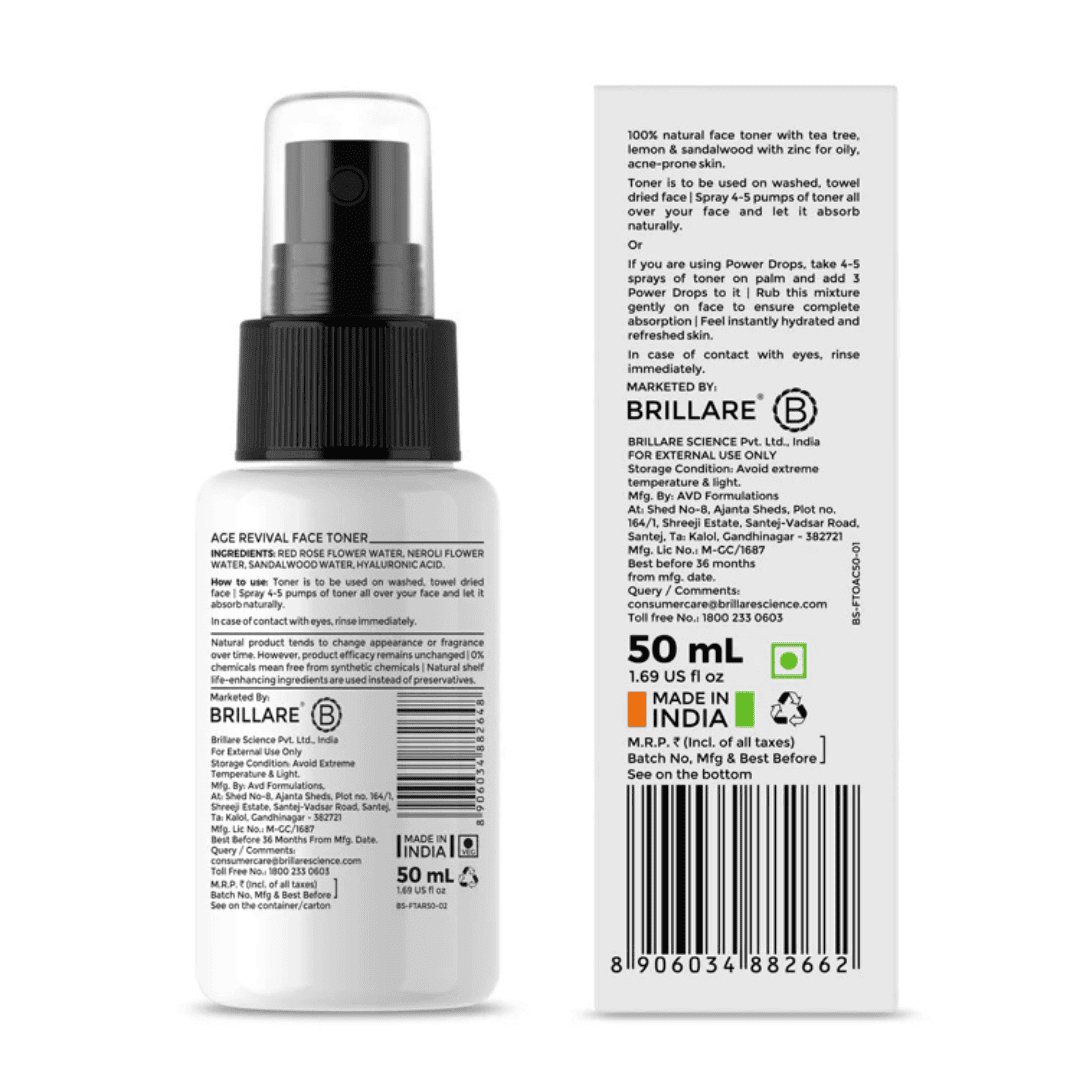 Age Revival Serum Mist For Ageing Skin, Brillare face toner bottle with ingredient details and instructions.