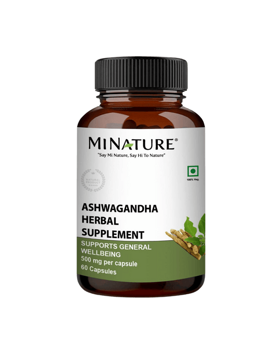 Brown supplement bottle labeled 'Ashwagandha Herbal Supplement' by MiNature on a green background