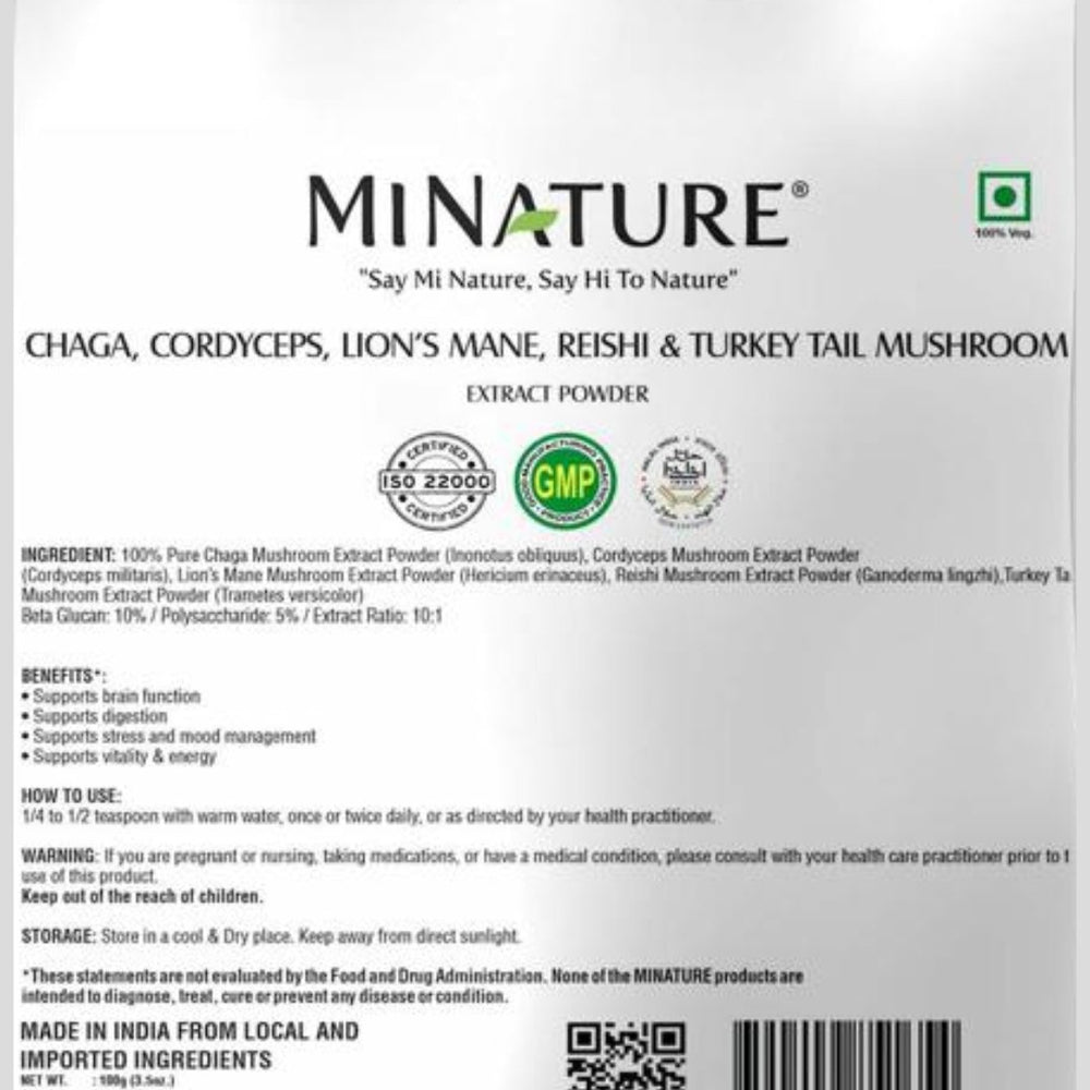 100% Natural Chaga, Cordyceps, Lion's Mane, Reishi, & Turkey Tail Mushroom Extract Powder, Minature, Ayurveda Store NZ