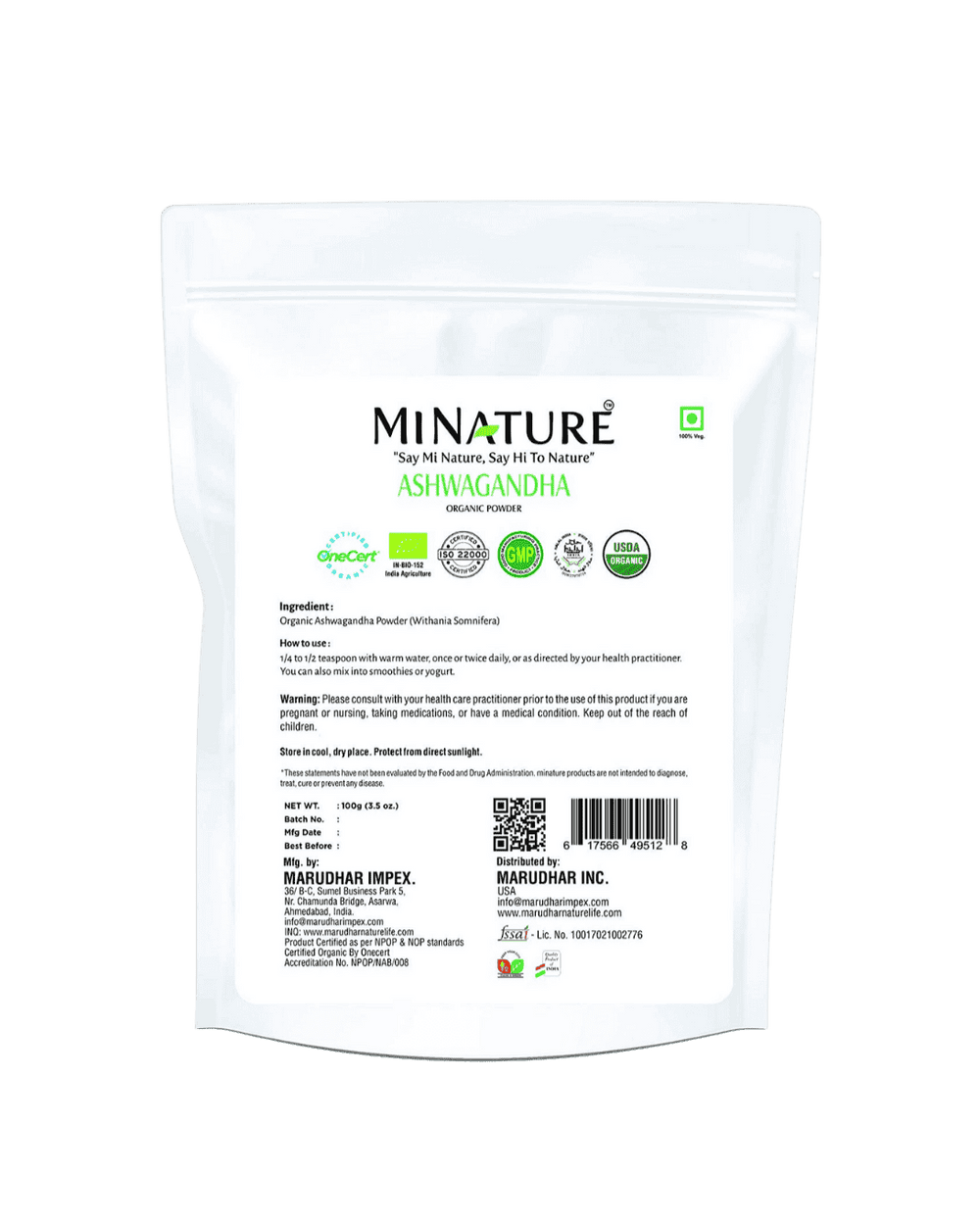 Organic Ashwagandha Powder 227 g - USDA Certified