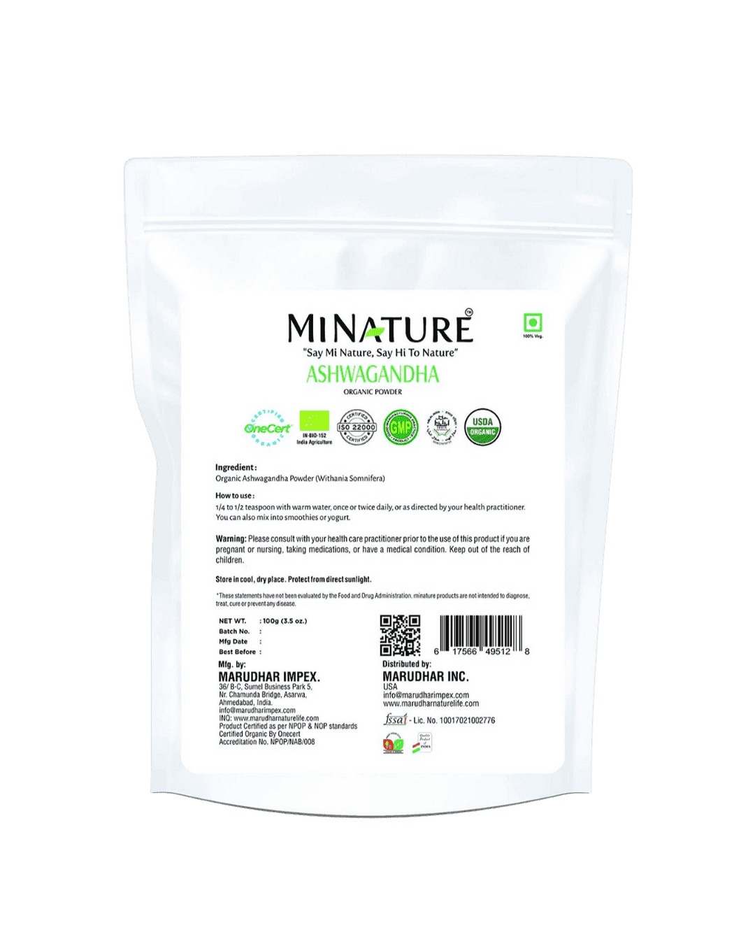 Organic Ashwagandha Powder 227 g - USDA Certified