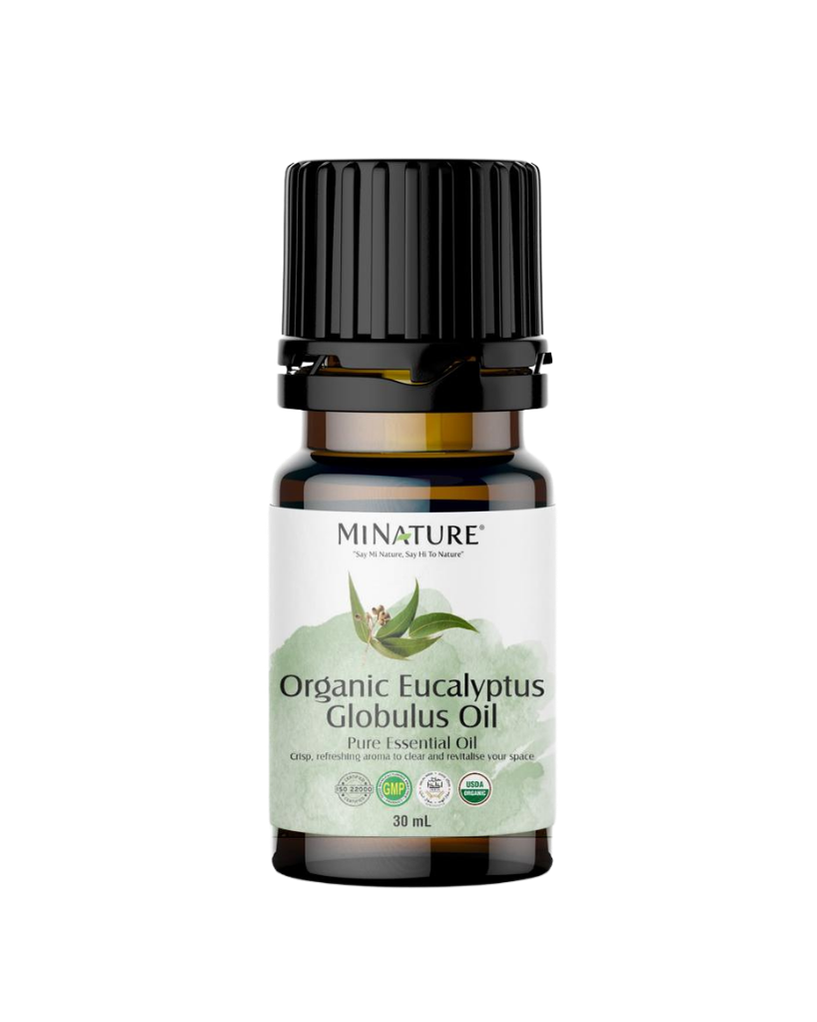 Bottle of Organic Eucalyptus Globulus Oil by Minature on a white background