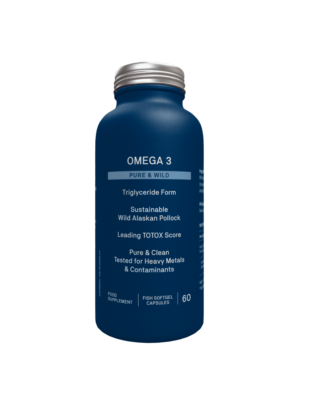 Omega 3 supplement bottle with white label on a transparent background
