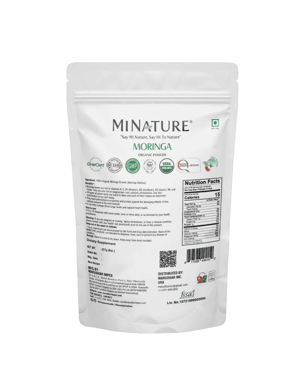 Organic Moringa Powder 226g - USDA Certified