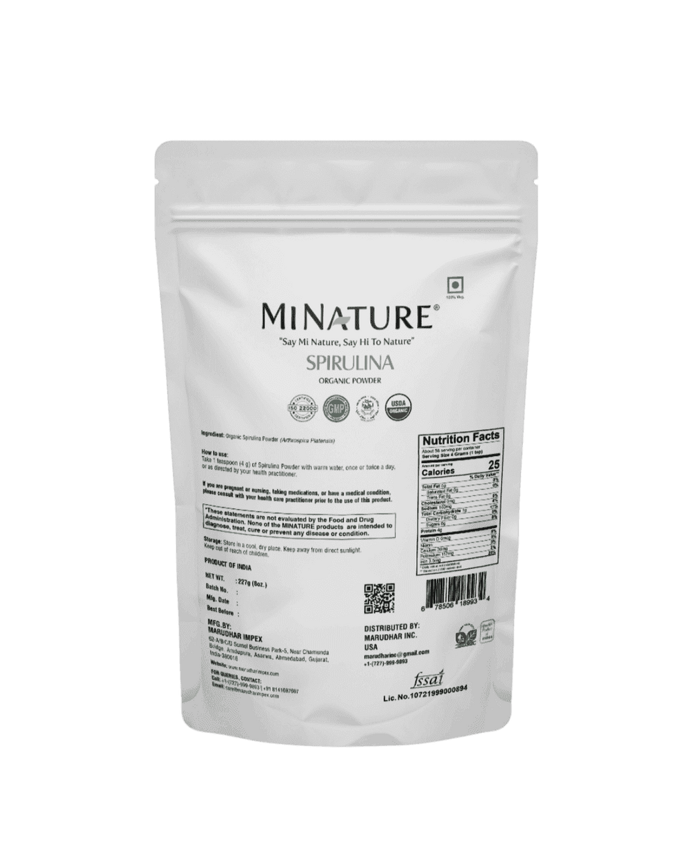 Organic Spirulina Powder 227g - USDA Certified