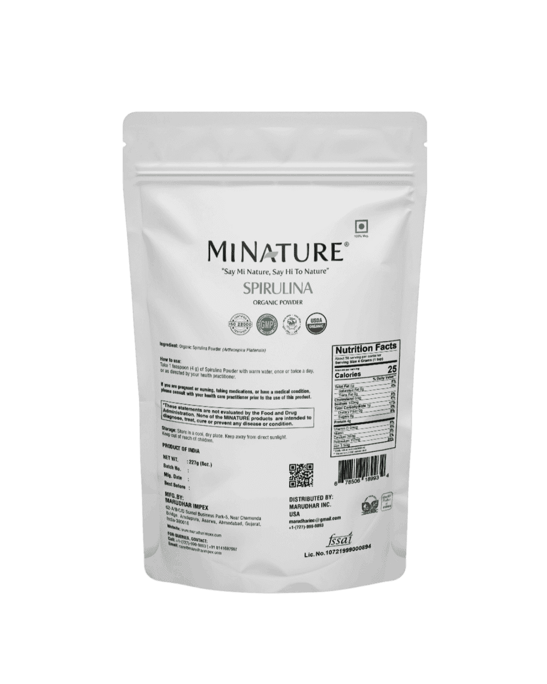 Organic Spirulina Powder 227g - USDA Certified