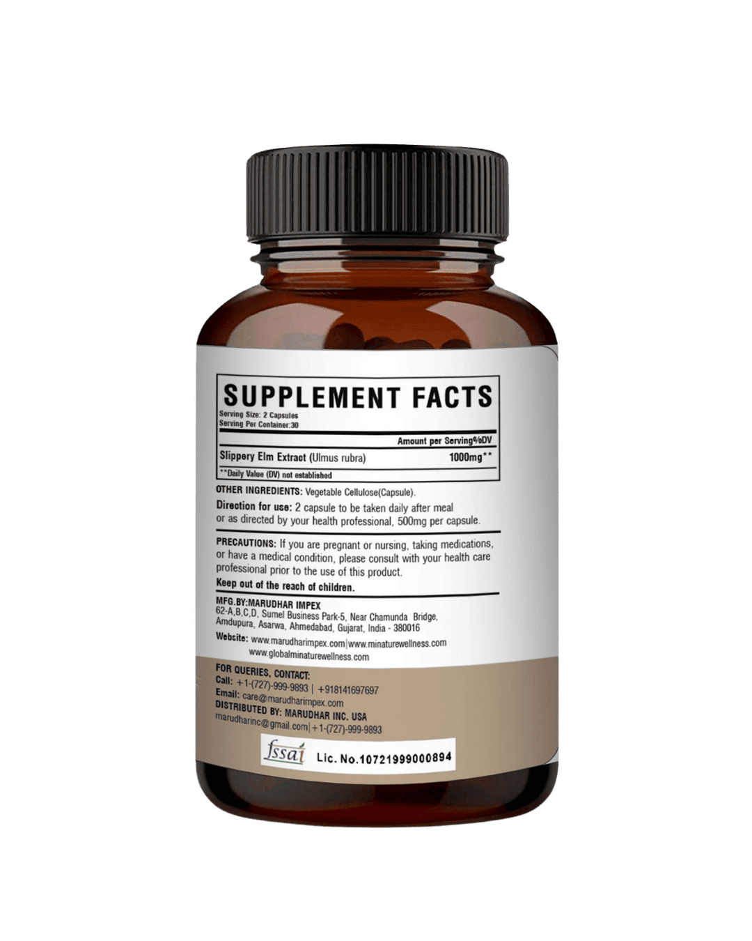 100% Natural Slippery Elm Extract Capsules