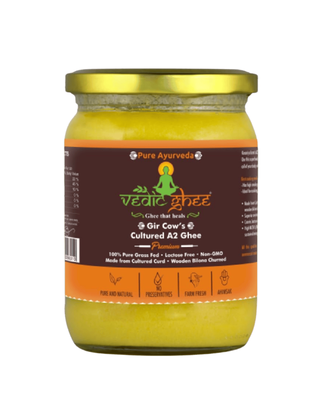 A jar of Vedic A2 Gir Cow Ghee with a yellow label, indicating it is 500ml and hand-churned.