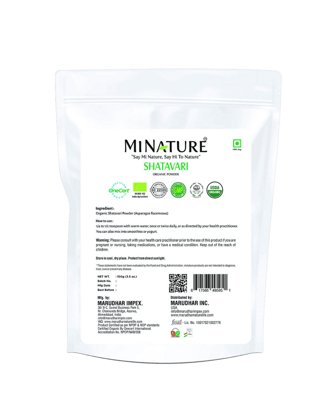 Organic Shatavari Powder 227g - USDA Certified