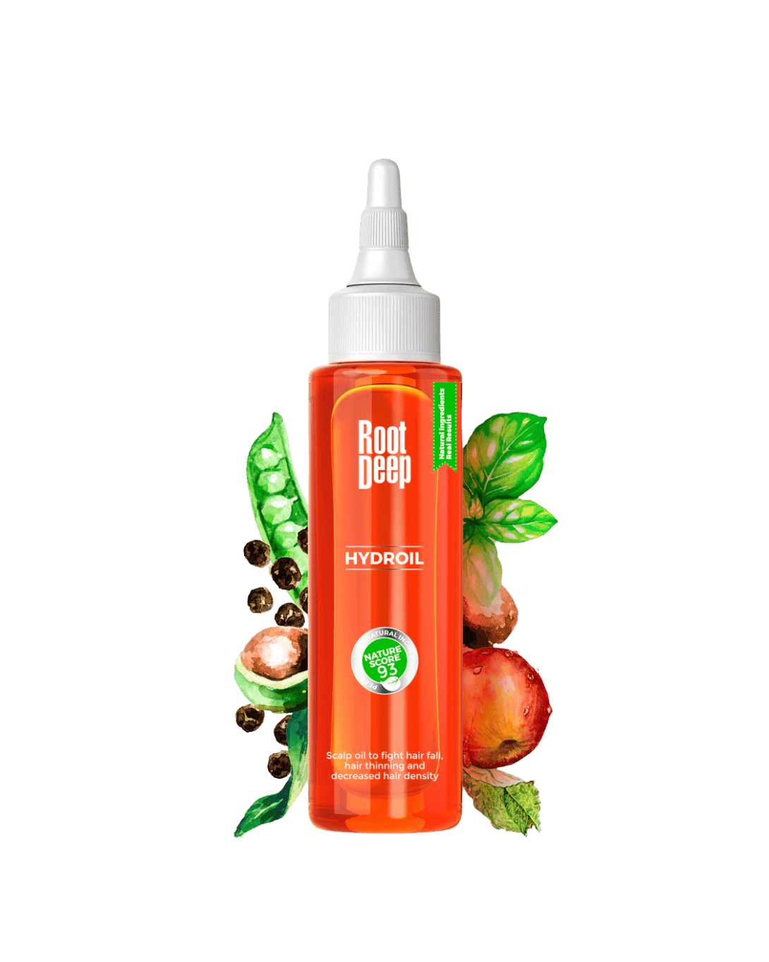 A bottle of Root Deep Hydroil hair oil with a vibrant label featuring images of fruits and leaves, indicating it is a hair care product designed to prevent hair fall and regrow new hair.