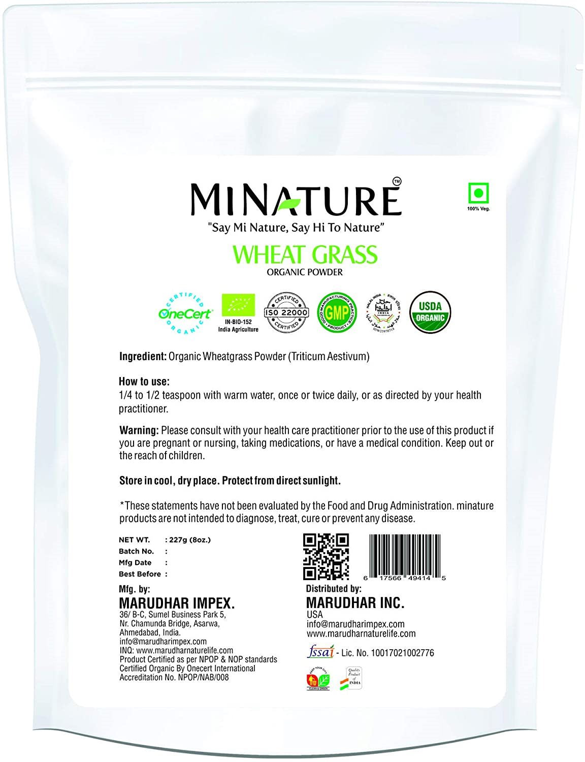 Organic Wheat Grass Powder 227g - USDA Certified - Ayurvedic Herbs NZ