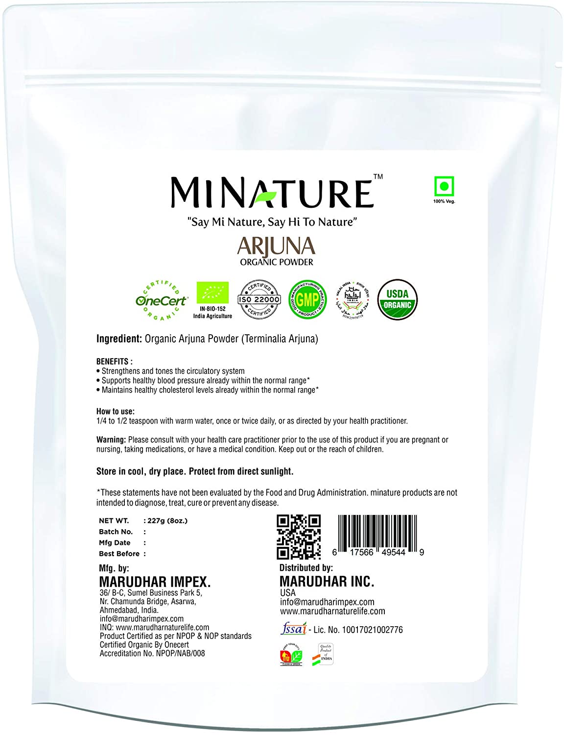 Organic Arjuna Powder 227g - USDA Certified