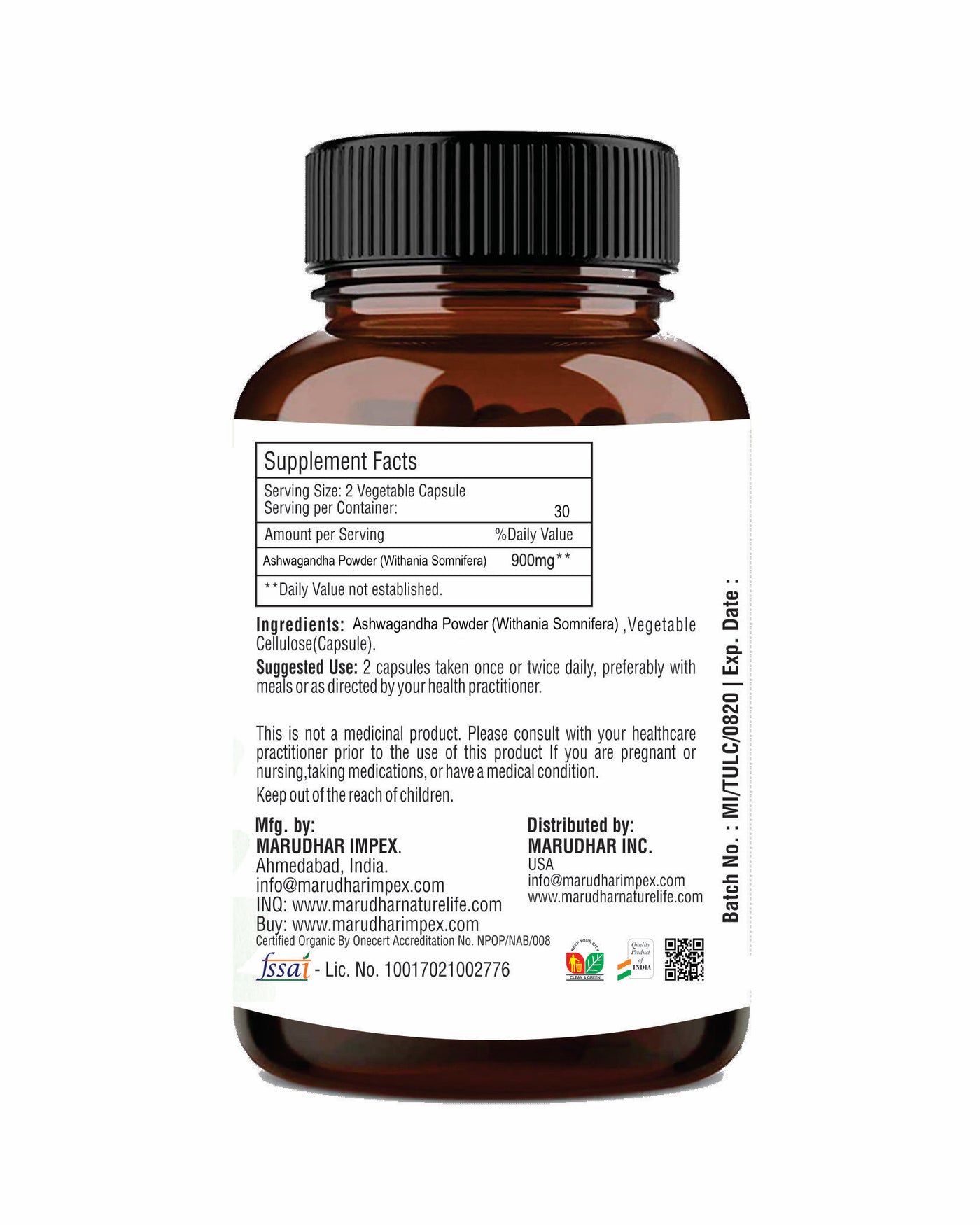 Organic Ashwagandha Capsules 60 Veg Caps | 450mg - USDA Certified Powder