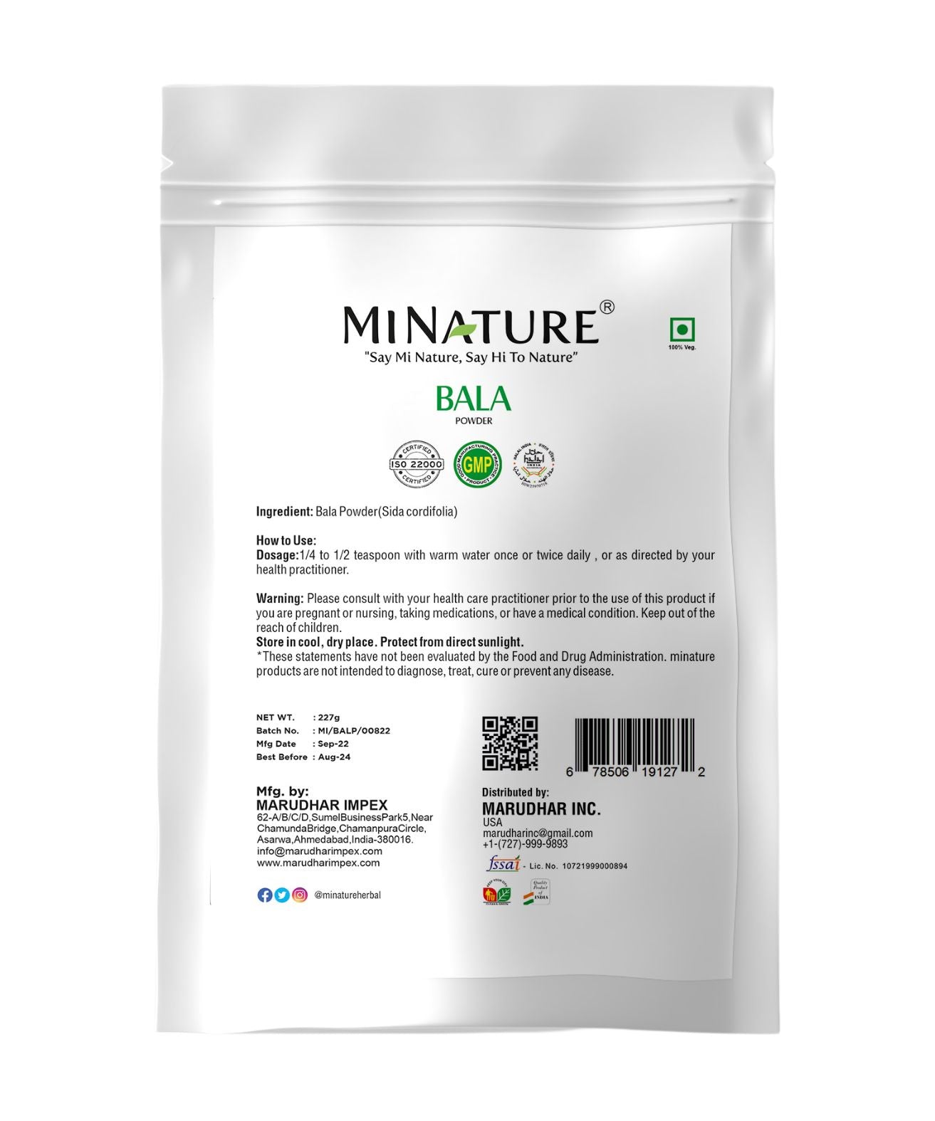 100% Natural Bala Powder 227g