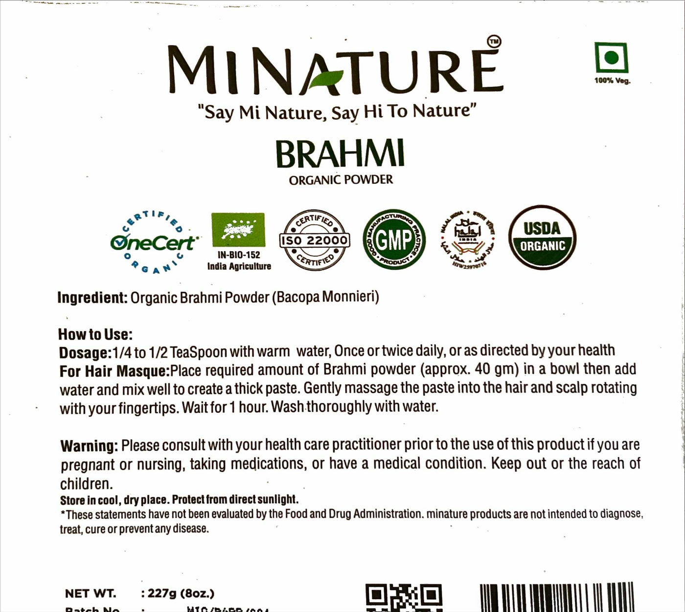 Organic Brahmi Powder 227g, USDA Certified, Bacopa Monnieri,  Ayurveda Store NZ