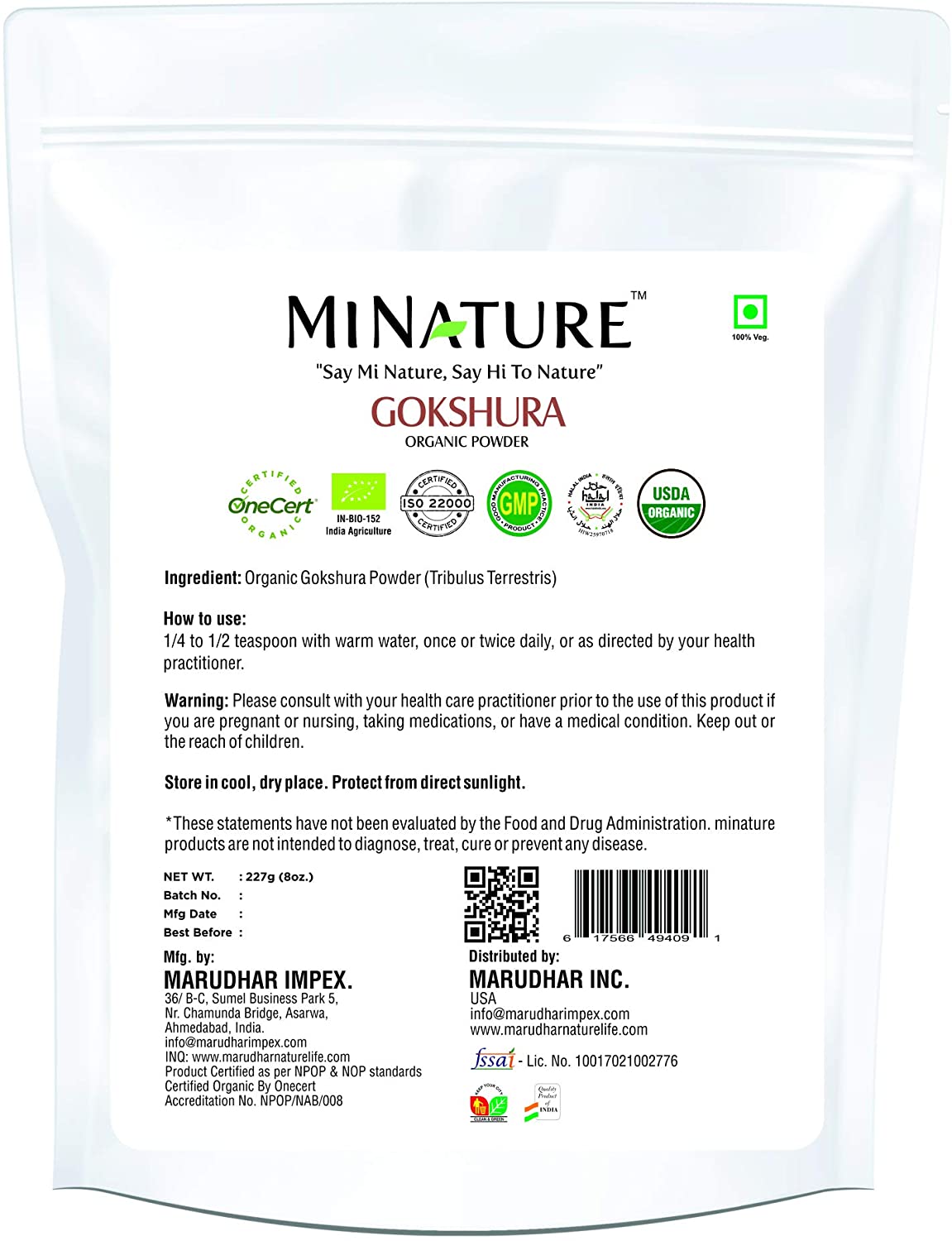 Organic Gokshura Powder 227g - USDA Certified