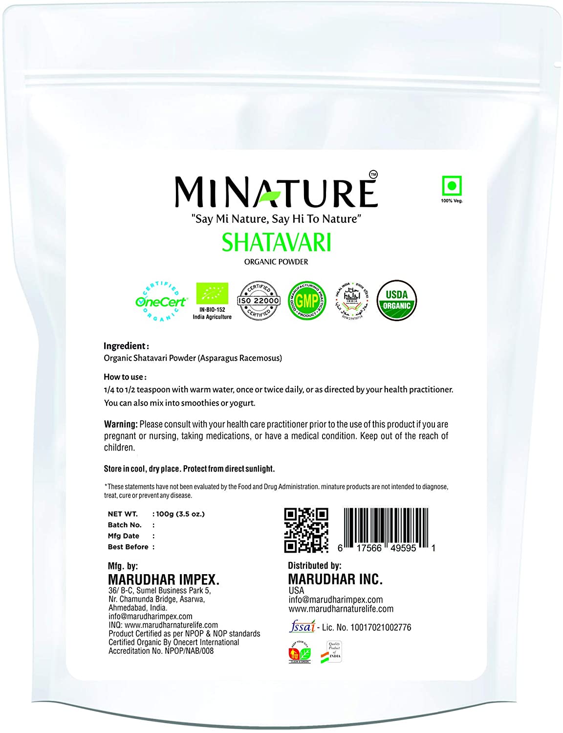 Organic Shatavari Powder 227g - USDA Certified - Ayurvedic Herbs NZ