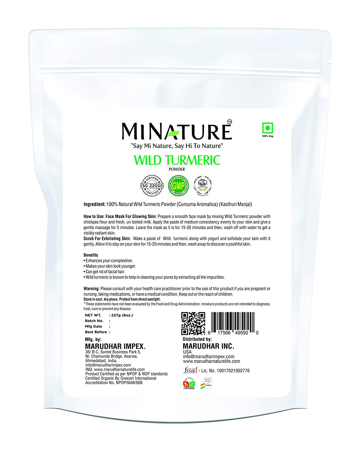 100% Natural Wild Turmeric Powder 277g (Curcuma Aromatica) - Kasturi manjal